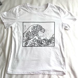 Wave asthetic Tee White T-shirt big wave Black and White